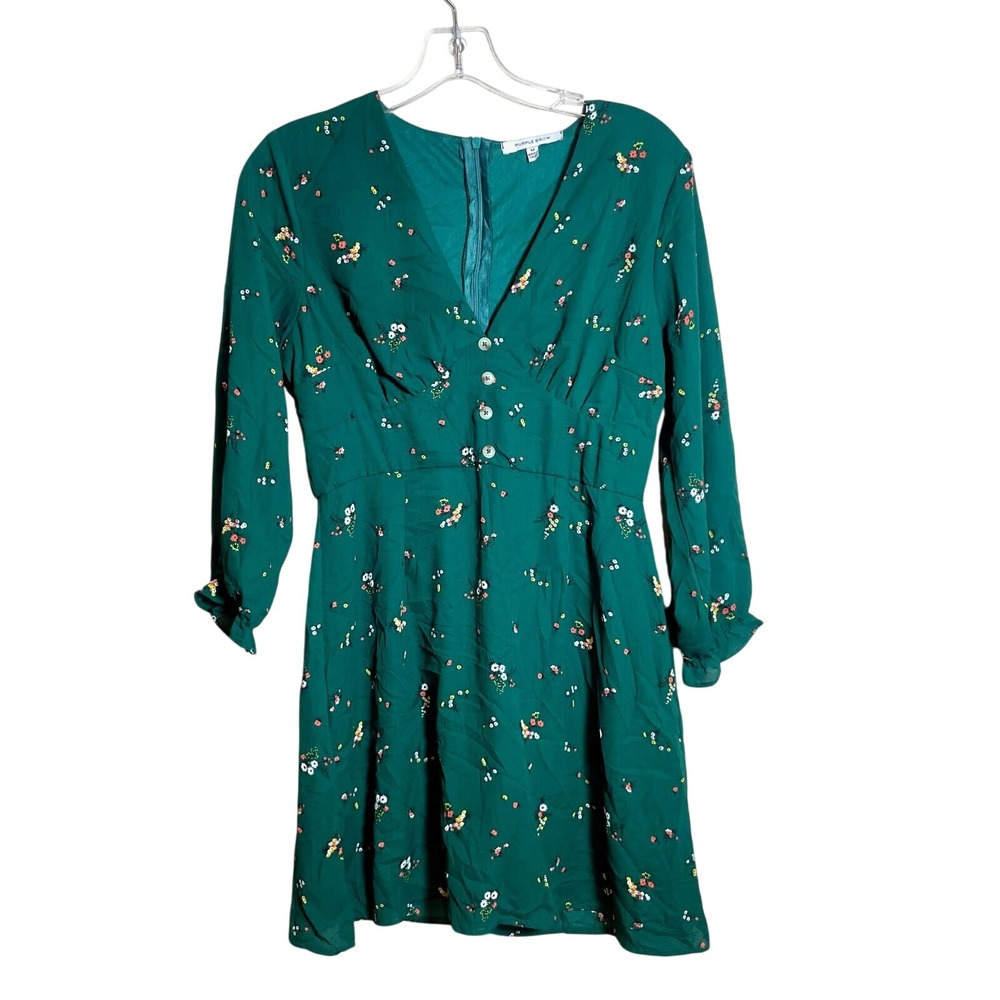 Purple Snow Mini A-line Ditsy Floral Dress Womens M V-Neck Long Sleeve Green